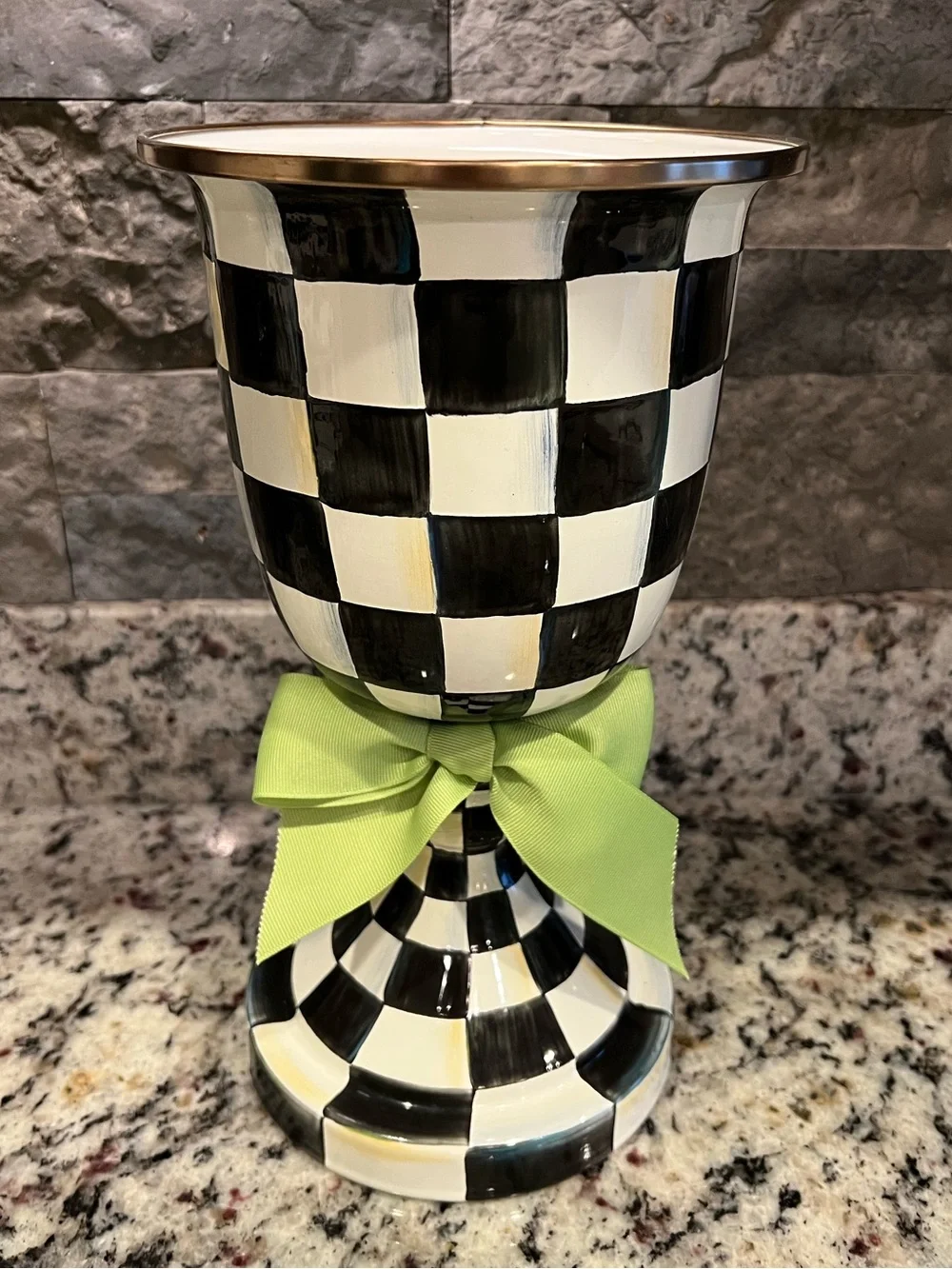 Mackenzie-Childs Courtly Check Enamel Pedestal Vase with Lime Green Bow. EUC.